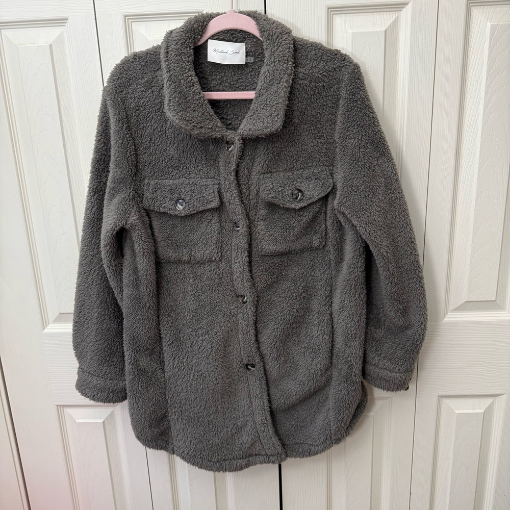 Mustard Seed Oversized Gray Fleece Teddy Shacket Cozy Jacket Womens Size Small